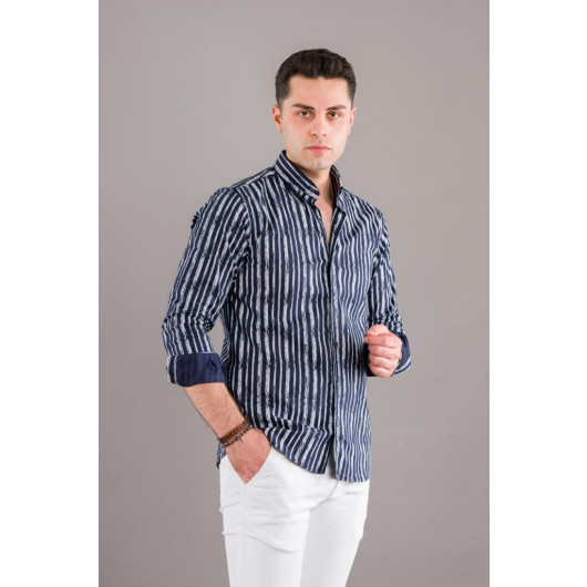 Bican Printed Striped Collar Button Slimfite Men's Shirt