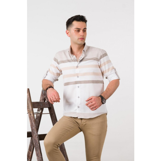 Bican Striped Folded Sleeve Collar Buttoned Slimfit Men's Shirt
