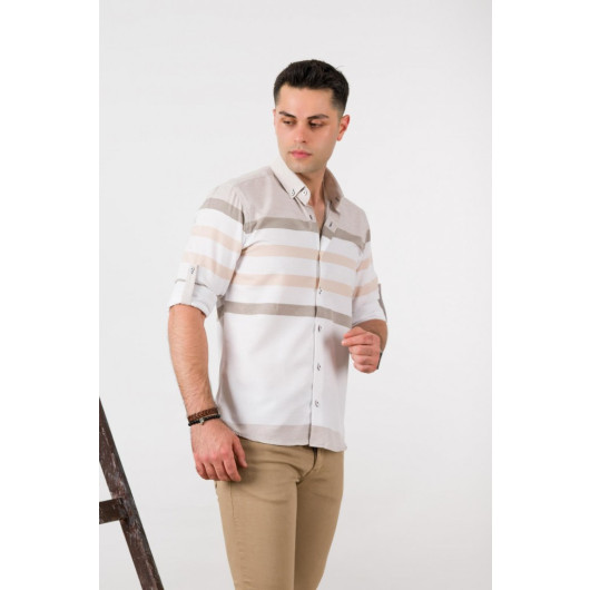 Bican Striped Folded Sleeve Collar Buttoned Slimfit Men's Shirt