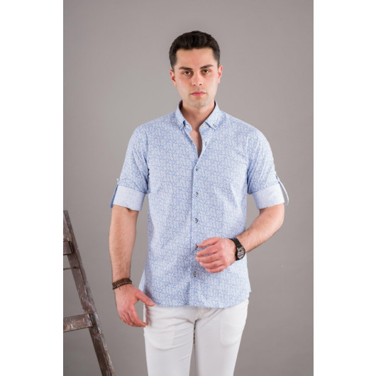 Bican Printed Men's Shirt With Collar Button Folding Sleeve Slimfite