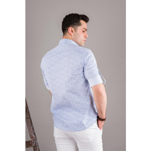 Bican Printed Men's Shirt With Collar Button Folding Sleeve Slimfite