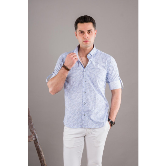 Bican Printed Men's Shirt With Collar Button Folding Sleeve Slimfite