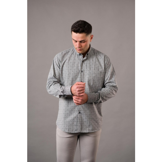 Bican Men's Wide Cut Patterned Thick Fabric Winter Shirt With Pockets