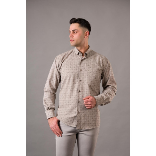 Bican Men's Wide Cut Patterned Thick Fabric Winter Shirt With Pockets