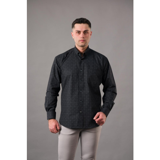 Bican Men's Wide Cut Patterned Thick Fabric Winter Shirt With Pockets