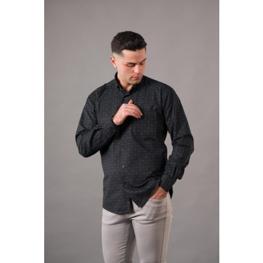 Bican Men's Wide Cut Patterned Thick Fabric Winter Shirt With Pockets