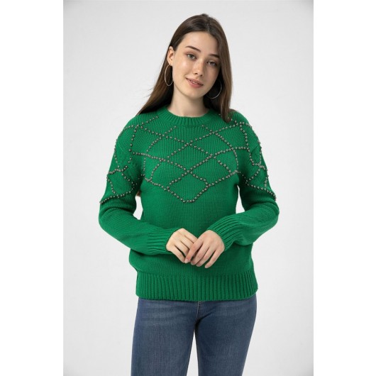 Women's Knitted Sweater - Blouse  Round Neck Decorated With Stones And Drawings  Green 32982