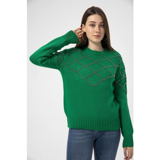 Women's Knitted Sweater - Blouse  Round Neck Decorated With Stones And Drawings  Green 32982