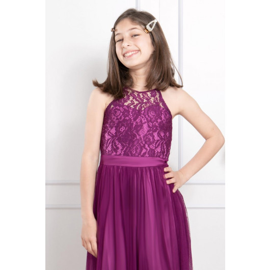 Lace Detailed Tulle Child Evening Dress Plum Mdv302