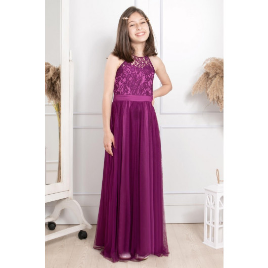 Lace Detailed Tulle Child Evening Dress Plum Mdv302