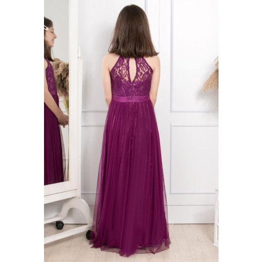 Lace Detailed Tulle Child Evening Dress Plum Mdv302