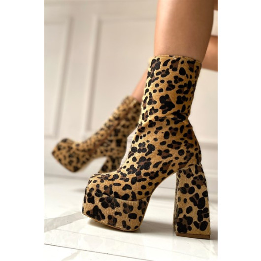 Dawn Women's Leopard Suede Platform Heeled Boots