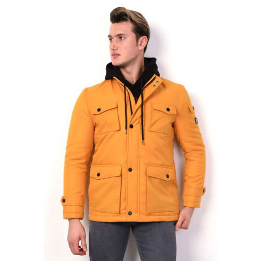Men's Quilted Coat With Stand Up Collar Pocket Covered Regular Fit Zipper