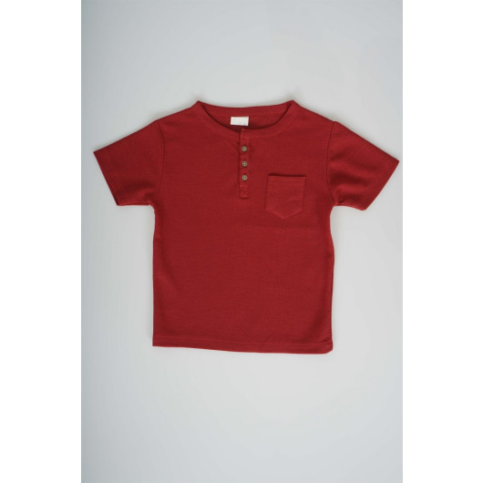 Boys' Pocket Model Buttoned Cotton T-Shirt