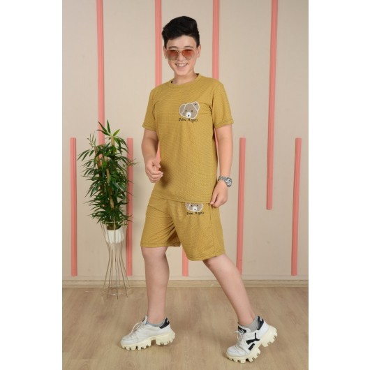 Boys Teddy Bear Embroidered Waffle Fabric Short & T-Shirt Tracksuit Set