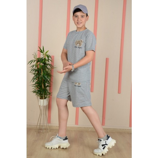 Boys Teddy Bear Embroidered Waffle Fabric Short & T-Shirt Tracksuit Set