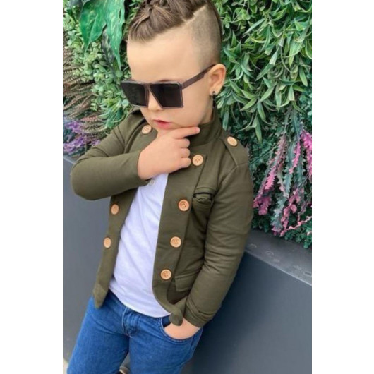 Boys Set Of Trousers, Blouse And Jacket With Olive Buttons
