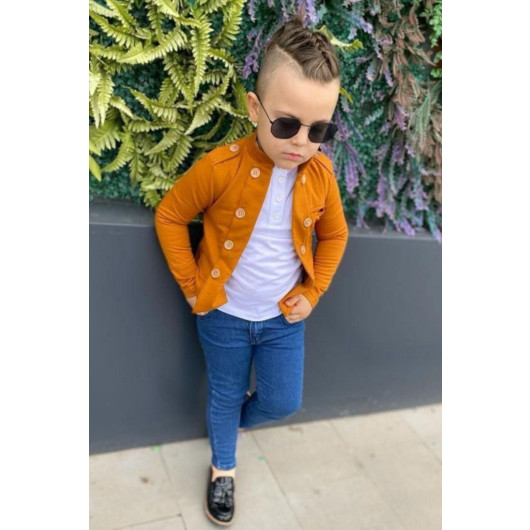 Boys Set Of Mustard Pants, Blouse And Jacket With Buttons