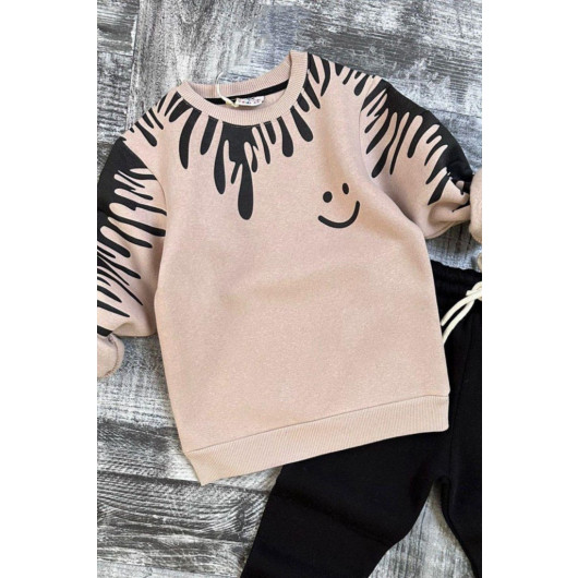 Boys Beige Sports Suit Set With A Smiley Print