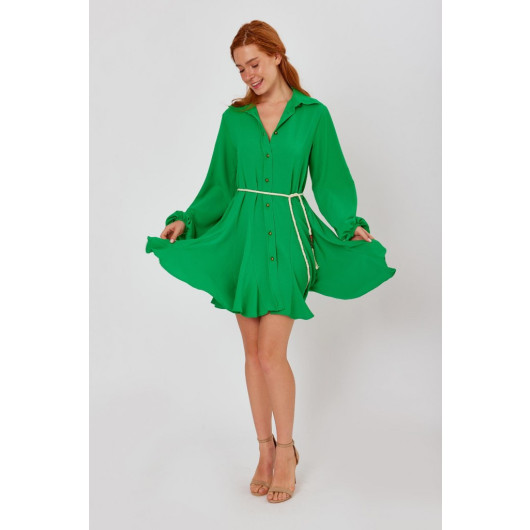 Frilled Belted Green Mini Peplum Dress
