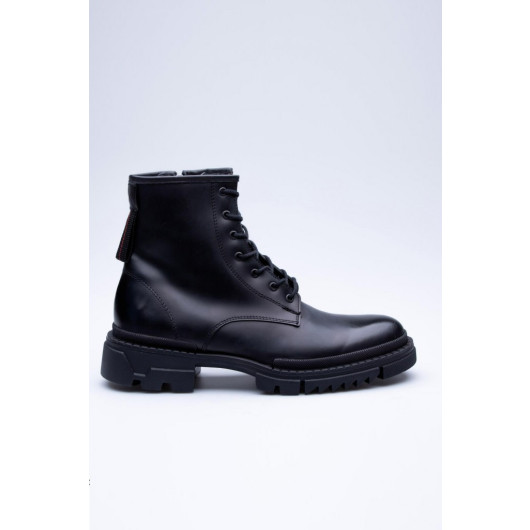 Zipper Detailed Leather Laced Military Boots