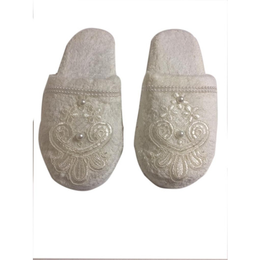 Bride Cotton Pearl Appliqué Cream Towel Slippers Size 38-40 - 63 Finezza