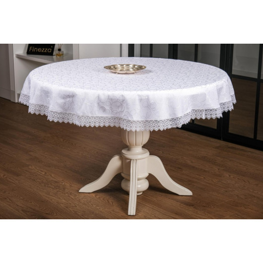 Guipure Jacquard Fabric White Table Cloth 160Cm Round - Finezza Duygu