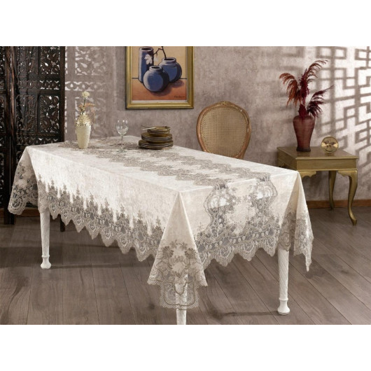 Lacy Velvet Cream Table Cloth Rectangle 160X230 Cm - Finezza Karina