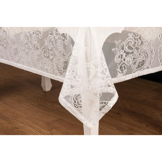 مفرش طاولة فاخر من قماش مطرز بالدانتيل الفاخر  بلون كريمي 155X220 سم - Finezza Orkide