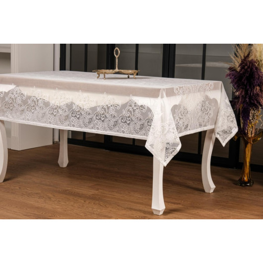 مفرش طاولة فاخر من قماش مطرز بالدانتيل الفاخر  بلون كريمي 155X220 سم - Finezza Orkide