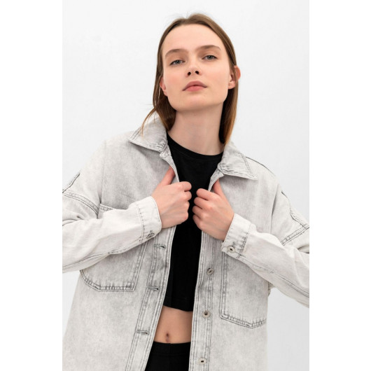 Gray Pocket Slit Detailed Oversize Denim Jacket