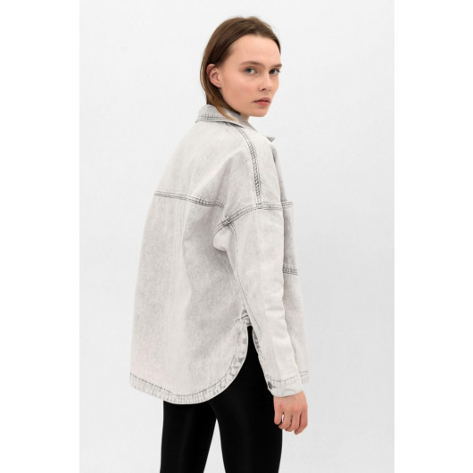 Gray Pocket Slit Detailed Oversize Denim Jacket