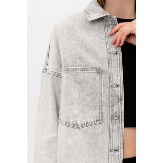 Gray Pocket Slit Detailed Oversize Denim Jacket