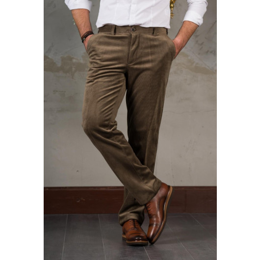 Thin Ribbed Regular Cut Piping Men's Corduroy Trousers