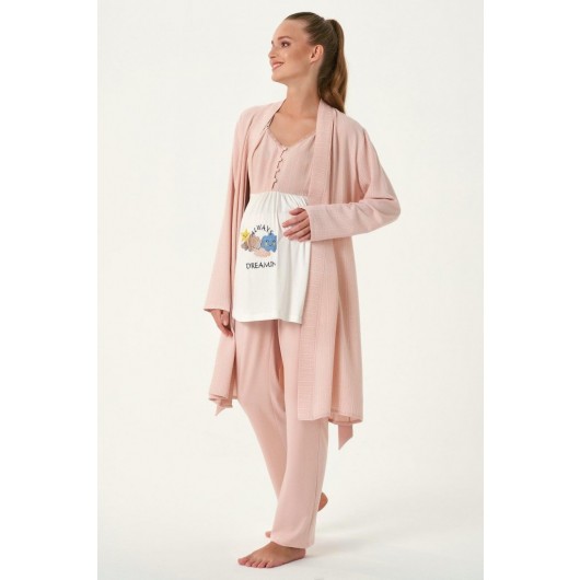 A Postpartum Pajama Set With A Soft And Elegant Morning Robe Consisting Of 3 Pieces