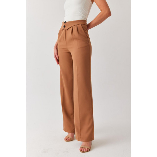 Women's Camel Brown High Waist Belt Detailed Pleated Loose Palazzo Fabric Trousers