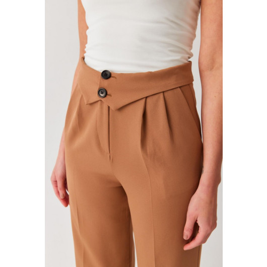 Women's Camel Brown High Waist Belt Detailed Pleated Loose Palazzo Fabric Trousers