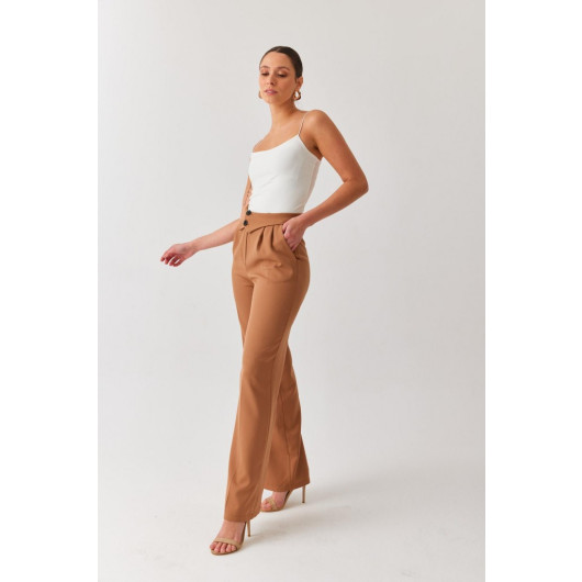 Women's Camel Brown High Waist Belt Detailed Pleated Loose Palazzo Fabric Trousers