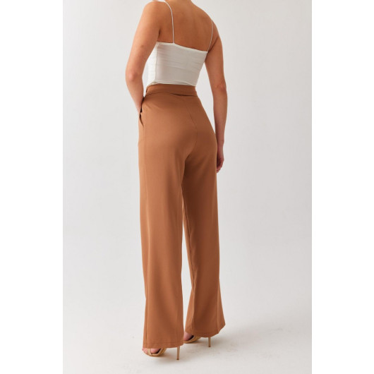 Women's Camel Brown High Waist Belt Detailed Pleated Loose Palazzo Fabric Trousers