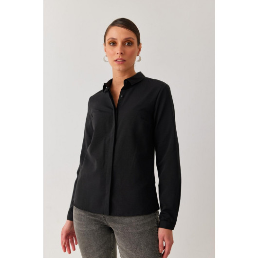 Women's Plain Black Color Poplin Basic Office Shirt