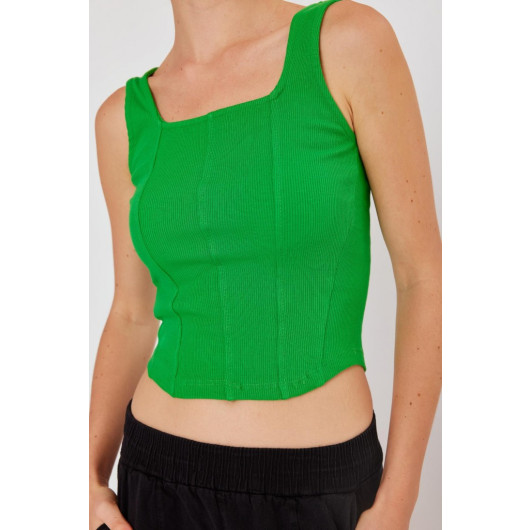 Women's Pistachio Green Ribbed Knitted Square Collar Short Singlet