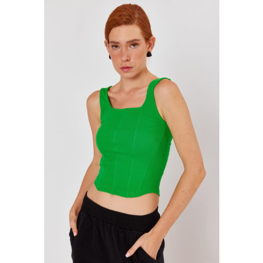 Women's Pistachio Green Ribbed Knitted Square Collar Short Singlet