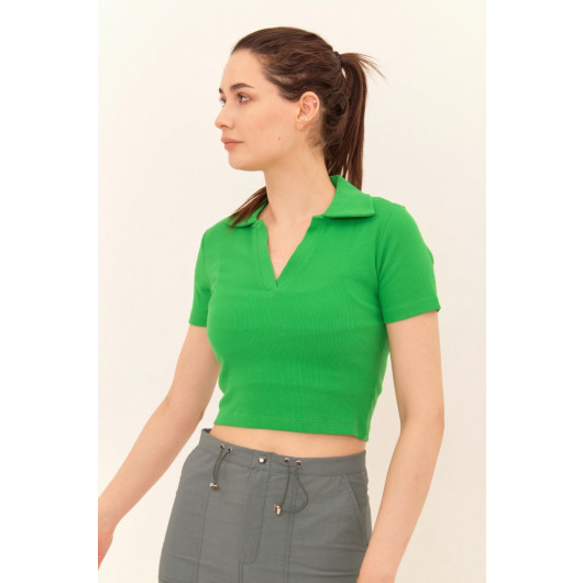Women's Pistachio Green Short Sleeve Polo Neck V-Knit Tshirt