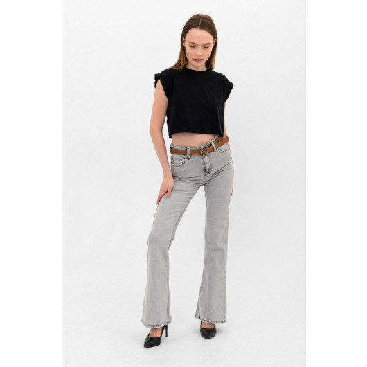 Women's Flare Belted Spanish Leg Gray Lycra Jeans