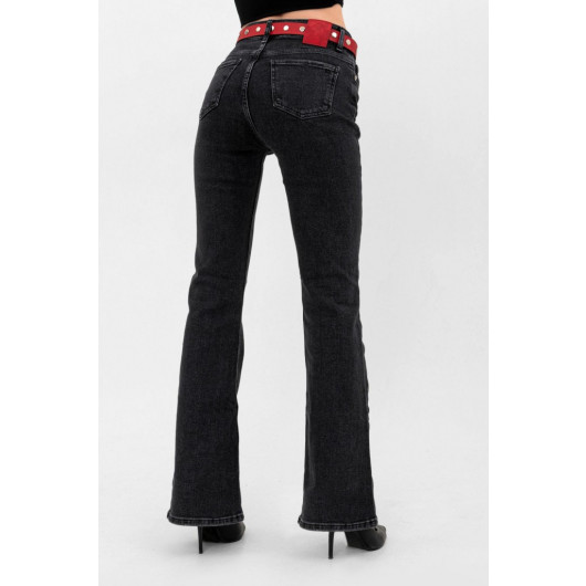 Women's Flare Belted Spanish Leg Black Lycra Jeans