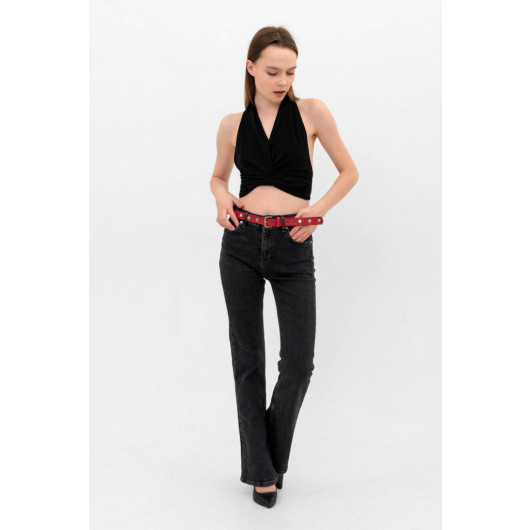 Women's Flare Belted Spanish Leg Black Lycra Jeans