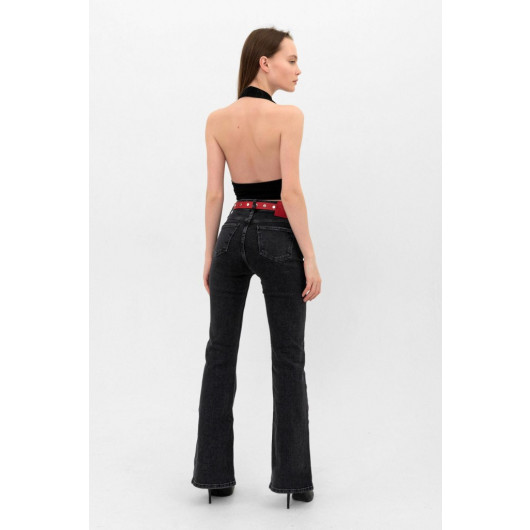 Women's Flare Belted Spanish Leg Black Lycra Jeans