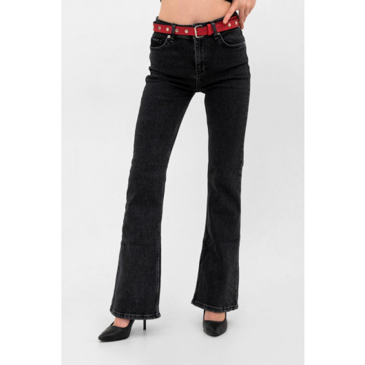 Women's Flare Belted Spanish Leg Black Lycra Jeans