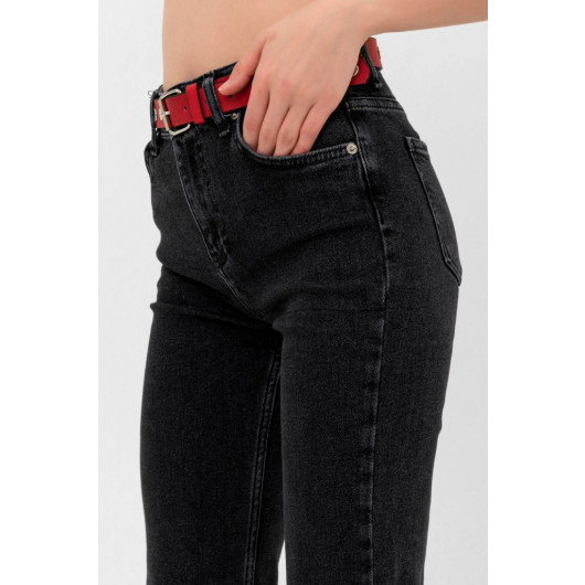 Women's Flare Belted Spanish Leg Black Lycra Jeans