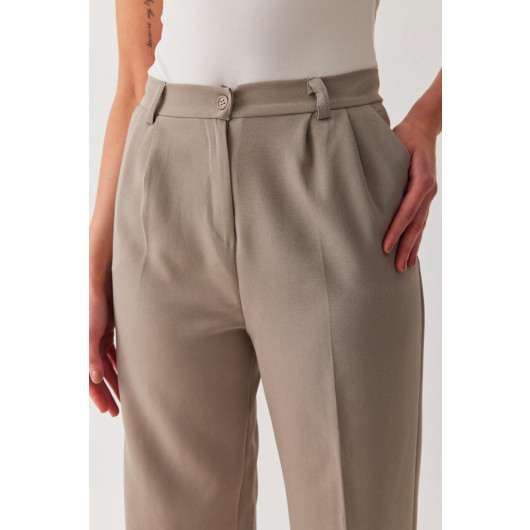 Women's Gray Front Pleated Loose Model Palazzo Fabric Trousers